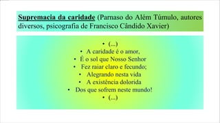 Supremacia da caridade (Parnaso do Além Túmulo, autores
diversos, psicografia de Francisco Cândido Xavier)
• (...)
• A caridade é o amor,
• É o sol que Nosso Senhor
• Fez raiar claro e fecundo;
• Alegrando nesta vida
• A existência dolorida
• Dos que sofrem neste mundo!
• (...)
 