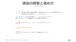 Copyright © 2018 FusionOne Co.,Ltd. All rights reserved.
「仕事の進め方の基本と段取りの重要性」「段取り力向上のポイント」「様々な段取りを考える」
「対人関係を円滑にする段取り力」の、 ４ 章構成で進めます。
講義の中に、個人で考える時間やグループで取り組むワークを入れながら、
参加者一人ひとりが能動的に学び、スキルを身につける研修です。
お昼休憩 1 時間のほかに、途中で ７ 分間の休憩時間を設定しています。
終了予定時間は 16 時です。
疑問点などがあるときは、講義の途中でも遠慮せず聞いてください。
講座の概要と進め方
 