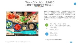 Copyright © 2018 FusionOne Co.,Ltd. All rights reserved.
8
食品メーカー勤務のAさんは、「世界の料理を作って食べ
る」イベントを企画しています。予行練習として実際に作っ
て会社で試食会をすることにしました。今回のメニューは
「ヤム・ウン・セン」と「ナシゴレン」です。Aさんはどん
な段取りが必要か？どんな工程で作業を進めていくかを考え
ましょう！
1
グループワーク（２〜３人）
話しをしながら必要な段取りを考え、
工程表を作る。
制限時間： １５分
発表とまとめ
制限時間： ５ 分
2
ワーク
「ヤム・ウン・セン」を作ろう
～試食会の段取りを考える～
※次ページにメモ欄があります※
 