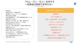 Copyright © 2018 FusionOne Co.,Ltd. All rights reserved.
9
「ヤム・ウン・セン」を作ろう
～試食会の段取りを考える～
【前提条件】
・試食会は本日１７時開始予定。
・参加者はチームメンバー４人（連絡済み）。
・場所は会社の会議室。
・会社の調理室には、一通りの調理器具は揃っている。
・食器や箸などはない。
・調味料は、サラダ油・塩・砂糖・醤油がある。
・会社から徒歩5分に大型スーパーがある
（大抵の食材は仕入れられる）。
・Aさんは、本日13時以降は、試食会の準備のため
時間を空けている。
・料理が得意なBさんに協力をお願いしている
（15時～手伝いに来てくれる）。
・AさんもBさんも、この料理を始めて作る。
作り方も知らないし、実は食べたこともない。
・Aさんは普段料理をあまりしない。
・予算は潤沢にある。
必要な段取りを書き出そう！
＜解答例＞
・作り方を調べる
（手順・必要な材料・かかる時間）
・スケジュールをたてる
・買うものリストを作る
・材料を買いに行く
・役割分担をする
・料理を作る
・17時開始に合わせて、料理を盛り付ける
・試食会の目的を明確にする
 