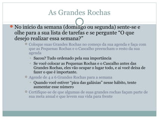 As Grandes Rochas
 No início da semana (domingo ou segunda) sente-se e
 olhe para a sua lista de tarefas e se pergunte “O que
 desejo realizar essa semana?”
         Coloque suas Grandes Rochas no começo da sua agenda e faça com
          que as Pequenas Rochas e o Cascalho preencham o resto da sua
          agenda
          • Sacou? Tudo ordenado pela sua importância
          • Se você colocar as Pequenas Rochas e o Cascalho antes das
            Grandes Rochas, eles vão ocupar o lugar todo, e ai você deixa de
            fazer o que é importante.
         Agende de 4 a 6 Grandes Rochas para a semana
          • Quando você estiver “pica das galáxias” nesse hábito, tente
            aumentar esse número
         Certifique-se de que algumas de suas grandes rochas façam parte de
          sua meta anual e que levem sua vida para frente
 