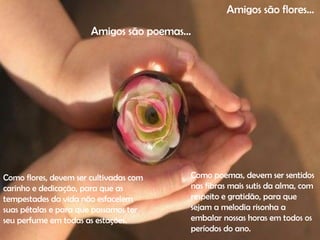 Amigos são flores...   Amigos são poemas...   Como flores, devem ser cultivadas com carinho e dedicação, para que as tempestades da vida não esfacelem suas pétalas e para que possamos ter seu perfume em todas as estações.  Como poemas, devem ser sentidos nas fibras mais sutis da alma, com respeito e gratidão, para que sejam a melodia risonha a embalar nossas horas em todos os períodos do ano. 