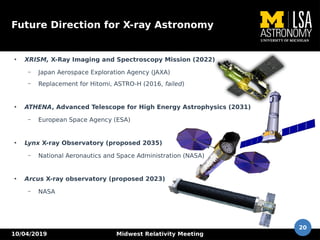 10/04/2019 Midwest Relativity Meeting
20
Future Direction for X-ray Astronomy
●
XRISM, X-Ray Imaging and Spectroscopy Mission (2022)
– Japan Aerospace Exploration Agency (JAXA)
– Replacement for Hitomi, ASTRO-H (2016, failed)
●
ATHENA, Advanced Telescope for High Energy Astrophysics (2031)
– European Space Agency (ESA)
●
Lynx X-ray Observatory (proposed 2035)
– National Aeronautics and Space Administration (NASA)
●
Arcus X-ray observatory (proposed 2023)
– NASA
 