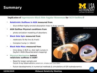 10/04/2019 Midwest Relativity Meeting
22
Summary
Implication of Supermassive Black Hole Angular Momentum for AGN Outflows?

Relativistic Outflows in AGN measured from
– blue-shifted highly-ionized absorption lines in X-ray spectra

AGN Outflow Physical conditions from
– photo-ionization modeling of absorbers

Black Hole Spin measured from
– relativistic Fe Kα line (6.4 keV)
– Compton hump (> 10keV)

Black Hole Mass measured from
– time delay in BLR vs. disk light curves in
Seyfert I AGN (Reverberation-mapping)

Physical Mechanism behind
relativistic outflows in AGN?
– Need for larger sample and
future X-ray observations (XRISM 2022, ATHENA 2031, Lynx 2035)
– Future developments in numerical methods & simulations of GR hydrodynamics
Credit: Roen Kelly @ Astronomy
 