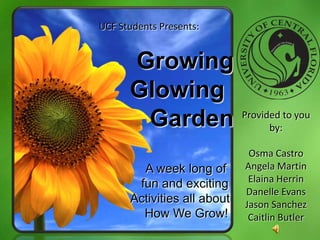  UCF Students Presents:       Growing       Glowing         Garden A week long of                fun and exciting            Activities all about               How We Grow! Provided to you by:   Osma Castro Angela Martin Elaina Herrin Danelle Evans Jason Sanchez Caitlin Butler 