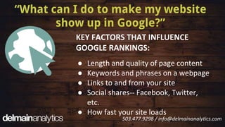 KEY FACTORS THAT INFLUENCE
GOOGLE RANKINGS:
● Length and quality of page content
● Keywords and phrases on a webpage
● Lin...