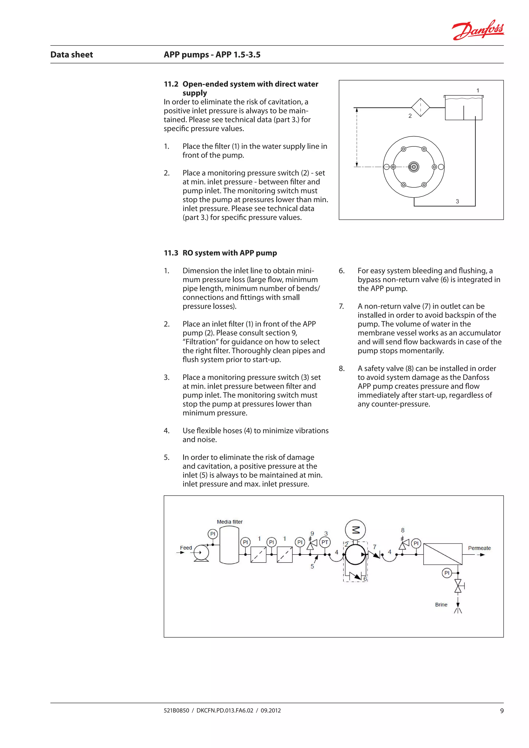 Data sheet	 APP pumps - APP 1.5-3.5
9521B0850 / DKCFN.PD.013.FA6.02 / 09.2012
11.2	Open-ended system with direct water
supply
In order to eliminate the risk of cavitation, a
positive inlet pressure is always to be main-
tained. Please see technical data (part 3.) for
specific pressure values.
1.	Place the filter (1) in the water supply line in
front of the pump.
2.	Place a monitoring pressure switch (2) - set
at min. inlet pressure - between filter and
pump inlet. The monitoring switch must
stop the pump at pressures lower than min.
inlet pressure. Please see technical data
(part 3.) for specific pressure values.
11.3	 RO system with APP pump
1.	Dimension the inlet line to obtain mini-
mum pressure loss (large flow, minimum
pipe length, minimum number of bends/
connections and fittings with small
pressure losses).
2.	Place an inlet filter (1) in front of the APP
pump (2). Please consult section 9,
“Filtration” for guidance on how to select
the right filter. Thoroughly clean pipes and
flush system prior to start-up.
3.	Place a monitoring pressure switch (3) set
at min. inlet pressure between filter and
pump inlet. The monitoring switch must
stop the pump at pressures lower than
minimum pressure.
4.	Use flexible hoses (4) to minimize vibrations
and noise.
5.	In order to eliminate the risk of damage
and cavitation, a positive pressure at the
inlet (5) is always to be maintained at min.
inlet pressure and max. inlet pressure.
6.	For easy system bleeding and flushing, a
bypass non-return valve (6) is integrated in
the APP pump.
7.	A non-return valve (7) in outlet can be
installed in order to avoid backspin of the
pump. The volume of water in the
membrane vessel works as an accumulator
and will send flow backwards in case of the
pump stops momentarily.
8.	A safety valve (8) can be installed in order
to avoid system damage as the Danfoss
APP pump creates pressure and flow
immediately after start-up, regardless of
any counter-pressure.
 
