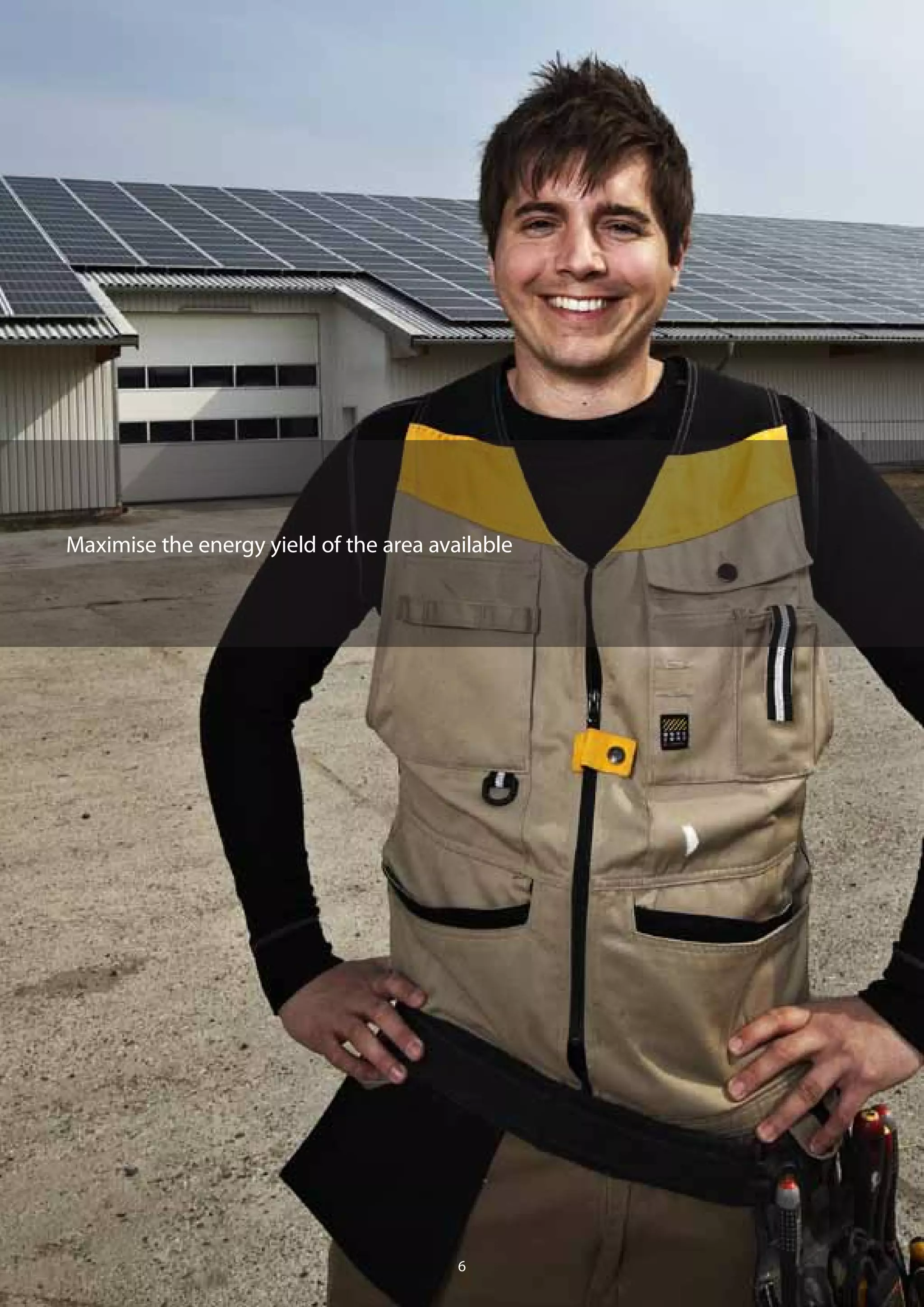 Flexibility and potential
– size-smart advantages
The smallest advantages in design details and hardware can often be
the tipping point in a hard-fought tender situation: With systems of
between 20kWp and 100kWp predominating in many markets,
it makes competitive sense to choose a solution with details designed
to maximise yields in this range.
Simplified for efficiency
Even when using just a few TLX inverters you can optimise PV systems
by taking advantage of numerous MPP trackers. Our EnergySmart™
feature achieves a string voltage close to the nominal DC voltage of
the inverter to deliver the best possible yield – it also simplifies the
system design and installation. You can also combine any TLX inverter,
in any order, to strike the ideal ratio between PV module power and
the inverters’ AC power.
Built-in monitoring
DC current and voltage from every MPP tracker is supervised and
logged. This built-in surveillance gives you a high level of operational
accuracy and system reliability without the hassle and cost of additional
string monitoring hardware. ControlSmart™
gives you a 24/7 overview
of your installation. You can also seamlessly connect external monitoring
from our matched ComLynx range or third party products.
Maximise the energy yield of the area available
76
commercial solutions
 