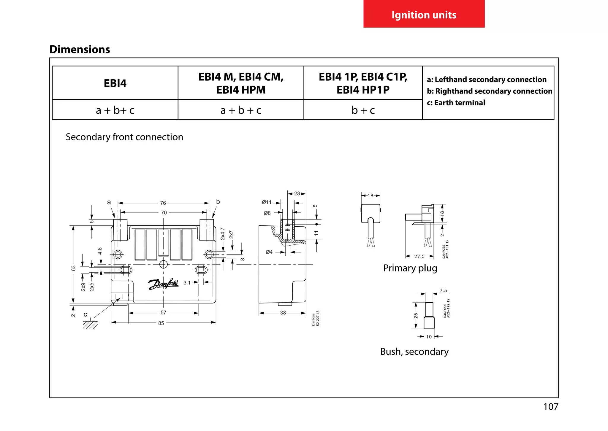 107
Ignition units
Dimensions
EBI4
EBI4 M, EBI4 CM,
EBI4 HPM
EBI4 1P, EBI4 C1P,
EBI4 HP1P
a: Lefthand secondary connection
b: Righthand secondary connection
c: Earth terminal
a + b+ c a + b + c b + c
Secondary front connection
Bush, secondary
Primary plug
 