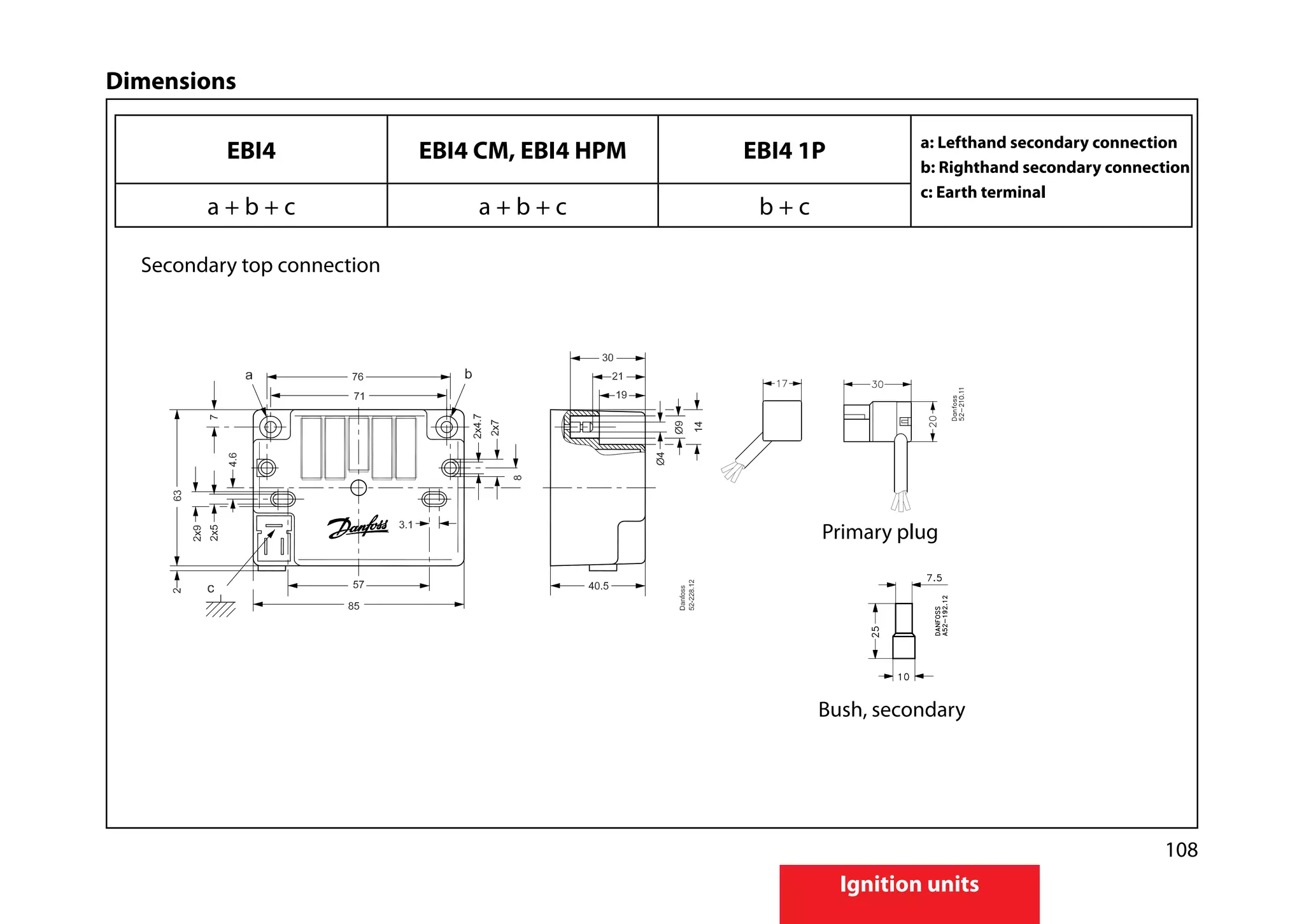108
Ignition units
Dimensions
EBI4 EBI4 CM, EBI4 HPM EBI4 1P a: Lefthand secondary connection
b: Righthand secondary connection
c: Earth terminal
a + b + c a + b + c b + c
Secondary top connection
Bush, secondary
Primary plug
 