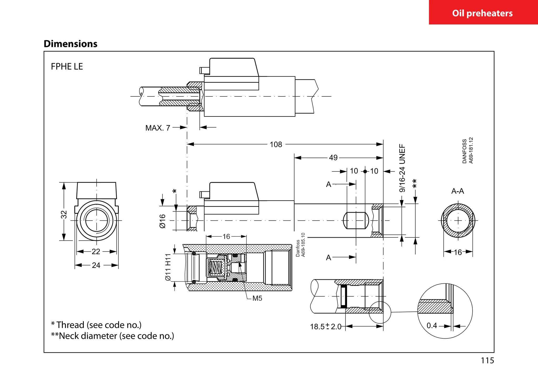 115
Oil preheaters
Dimensions
FPHE LE
* Thread (see code no.)
**Neck diameter (see code no.)
 
