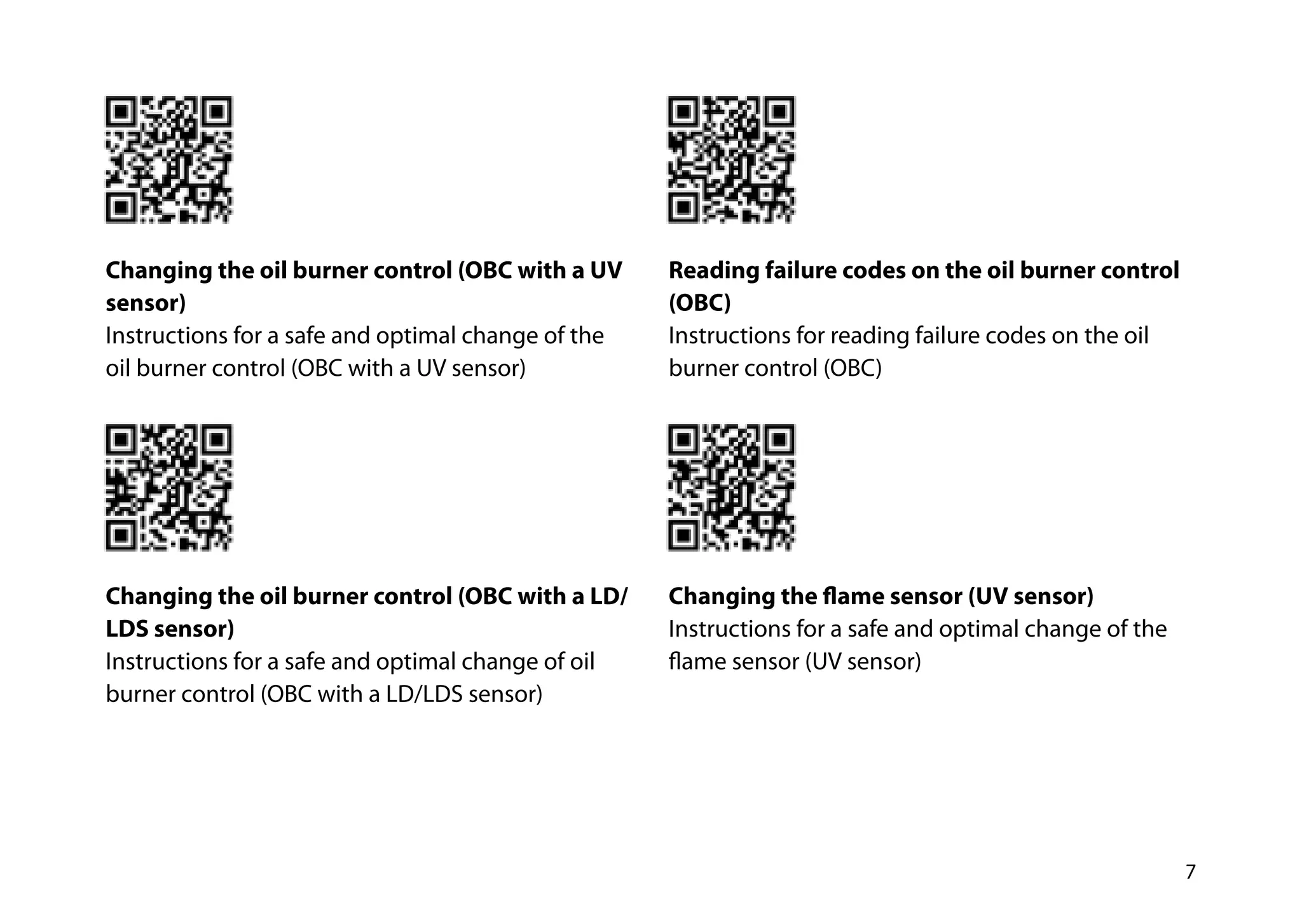 7
Changing the oil burner control (OBC with a UV
sensor)
Instructions for a safe and optimal change of the
oil burner control (OBC with a UV sensor)
Changing the oil burner control (OBC with a LD/
LDS sensor)
Instructions for a safe and optimal change of oil
burner control (OBC with a LD/LDS sensor)
Reading ­failure codes on the oil burner control
(OBC)
Instructions for reading failure codes on the oil
burner control (OBC)
Changing the flame sensor (UV sensor)
Instructions for a safe and optimal change of the
flame sensor (UV sensor)
 