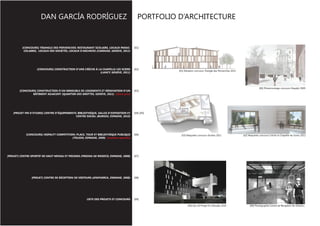 DAN GARCÍA RODRÍGUEZ                                                                                                                              PORTFOLIO D’ARCHITECTURE


          [CONCOURS] TRIANGLE DES PERVENCHES: RESTAURANT SCOLAIRE, LOCAUX PARAS-                                                                            [01]
           COLAIRES, LOCAUX DES SOCIETÉS, LOCAUX D’ARCHIVES (CAROUGE, GENÈVE, 2012)




                    [CONCOURS] CONSTRUCTION D’UNE CRÈCHE À LA CHAPELLE-LES SCIERS                                                                           [02]
                                                                                                                                                                                                                                                                          [01] Elévation concours Triangle des Pervenches 2012
                                                            (LANCY, GENÈVE, 2011)                                                                                                                                                                                                                                                      INVITATION



                                                 Plan meublé étage 2 1/100                                                                                                                                            Maquette appartement A1




                                                                                                                                                                                                                                                                                                                                                                                                                                                                   [06] Photomontage concours Hispalyt 2009
        [CONCOURS] CONSTRUCTION D’UN IMMEUBLE DE LOGEMENTS ET RÉNOVATION D’UN                                                                               [03]                                                                                                                                                                                                                         GEPPETTO
                BÂTIMENT ADJACENT (QUARTIER DES GROTTES, GENÈVE, 2011) [3éme prix]                                                                                                                                                                                                                                                                                                       CONSTRUCTION D'UNE CRECHE A LA CHAPELLE-LES SCIERS - VILLE DE LANCY




    [PROJET FIN D’ETUDES] CENTRE D’ÉQUIPEMENTS: BIBLIOTHÈQUE, SALLES D’EXPOSITION ET                                                                        [04] [05]
                                              CENTRE SOCIAL (BURGOS, ESPAGNE, 2010)




             [CONCOURS] HISPALYT COMPETITION: PLACE, TOUR ET BIBLIOTHÈQUE PUBLIQUE
                                                                        Détail coupe, façade et plan 1/50
                                                                                                                                                            [06]                                                                                                            [03] Maquette concours Grottes 2011                                                                               MAQUETTE D'ETUDE SALLE DE VIE       [02] Maquette concours Crèche la Chapelle-les Sciers 2011
                                                                                                                                                                                                                                                                                                                                                                                                                                                      Regarder                                                                         Voir

                                           (TOLEDO, ESPAGNE, 2009) [mention spéciale]
                                                                                                                                                                                                                                                                                                                                                                                                                                                                                                                                       Les grandes baies vitrées bardées de claustras de bois
                                                                                                                                                                                                                                                                                                                                                                                                                                                      Le dispositif architectural mis en place est sensible aux qualities que lui      permettent de voir sans être vus. Le rythme des claustras
                                                          PLAQUE EN CUIVRE                                                                                                                                                                                                                                                                                                                                                                            offer le contexte . Le préau très arborisés inspire de larges ouvertures         dépend de l’orientation de baies vitrées.
                                                          PLANCHER                                                                                                                                                                                                                                                                                                                                                                                    traités à la façon de profonds cadres ouverts sur l’extérieur, en bois.          Ces claustras vitrées se trouvent essentiellement dans des
                                                                                                                                              Construction                                                                                                                                                              Stratégie et concept énergétiques                                                                                             Ces cadres de fenêtre comme des “niches”se composent d’un banc ou                parties communes, et dans la partie dite administrative.
                                                          SOUS-COUVERTURE
                                                                                                                                              Le système constructif est rationnel et économique. La structure                   PRINCIPES STRUCTURELS                      STRATEGIE BIOCLIMATIQUE DU CHAUD ET FROID   Le projet répond aux performances Minergie.
                                                                                                                                                                                                                                                                                                                                                                                                                                                      les enfants peuvent évoluer et jouer selon les ages. La profondeur               Pouvoir voir également dans les couloirs de l’étage grâce
                                                          ISOLATION MINERALE                                                                  porteuse est étudiée afin de limiter les grandes portées et permet                                                                                                        Le concept du projet tire parti le la profondeur de la                                                                        générée par ces cadres de fenêtre permet de loger de part et d’autre             aux ouvertures en toiture. Les dalles surélevées sur les
                                                                                                                                              de trouver un équilibre idéal entre les quantités de matières, la
                                                                                                                                              résistance à la rupture, la sécurité parasismique, les
                                                                                                                                                                                                                                                                                                                        parcelle en créant une cour intérieure qui permet une
                                                                                                                                                                                                                                                                                                                        meilleure habitabilité des logements.
                                                                                                                                                                                                                                                                                                                                                                                                                                                      des rangements integrés aux murs.                                                couloirs et ainsi que sur la cage d’escalier amène une
                                                          PARE-VAPEUR


                                                                                                                                                                                                                                                         SC
                                                                                                                                              déformations à long terme, l’investissement initial et les coûts                                                                                                                                                                                                                                        De plus petites ouvertures complètent les grandes. Ells se trouvent              lumière naturelle indirecte jusqu’au centre du bâtiment.
                                                          PLÂTRE                                                                              d’entretien pendant la durée de vie de l’ouvrage.                                                                                                                                                                                                                                                       également dans des pieces qui demandent moins de lumière. Oscillant              Source de lumière, elles permettent également une

                                                                                                                                                                                                                                                           HE                                                           Stratégie bioclimatique du chaud
                                                                                                                                                                                                                                                                                                                        L’enveloppe extérieure du bâtiment est très bien isolée et
                                                                                                                                                                                                                                                                                                                                                                                                                                                      battant afin de ventiler naturellement les pieces.                               ventilation naturelle de l’air chaud ascendant.


                                                                                                                                                                                                                                                              MA
                                                                                                                                              La structure et les façades extérieures porteuses sont en béton                                                                                                           minimise les déperditions thermiques. Le renouvellement
                                                                                                                                              armé, revêtu d’une isolation périphérique, protégé par un treillis                                                                                                        d’air des pièces est assuré par une ventilation mécanique
                                                                                                                                              recouvert d’un crépi fin à base de chaux. La façade intérieure,                                                                                                           avec récupération de chaleur. L’air neuf est insufflé dans
                                                          PLÂTRE 1cm

                                                          MUR BETON ARME 20cm
                                                                                                            PARQUET 1,2cm

                                                                                                            CHAPE AVEC CHAUFFAGE AU SOL 7cm
                                                                                                                                              donnant sur cour, est vitrée. Elle composée de verre U
                                                                                                                                              translucide renforcé thermiquement avec une isolation entre
                                                                                                                                              verres.
                                                                                                                                                                                                                                                                   S                                                    les pièces depuis les dalles, proche de la façade. L’air
                                                                                                                                                                                                                                                                                                                        vicié est extrait dans les salles de bains et cuisines.
                                                                                                                                                                                                                                                                                                                        Le préchauffage de l’eau chaude sanitaire pourrait être


                                                                                                                                                                                                                        SC
                                                                                                                                                                                                                                                                                                                        envisagé par des panneaux solaires thermiques. Comme
                                                                                                                                                                                                                                                                                                                        spécifiée dans le programme du concours, la production
                                                          ISOLATION MINERALE 22cm                           ISOLATION 2cm
                                                                                                                                                                                                                                                                                                                        de chaleur est gérée par un immeuble voisin. Une sous-


                                                                                                                                                                                                                              HE
                                                          REILLIS D'ARMATURE AVEC MASSE                                                       A l’intérieur les finitions sont standard ; du gypse contre le béton,                                                                                                     station sera créée dans notre projet.
                                                                                                            DALLE BETON ARME 20cm             des cloisons en placo-plaque pour une meilleure acoustique, le
                                                          D'ENROBAGE ET CREPI DE FINITION 3cm



[PROJET] CENTRE SPORTIF DE HAUT NIVEAU ET PISCINES (MEDINA DE RIOSECO, ESPAGNE, 2008)                                                                       [07]
                                                                                                                                              parquet en chêne, les fenêtres en bois-métal et les finitions en
                                                                                                                                              peinture de dispersion.
                                                                                                                                                                                                                                    MA                                                                                  Stratégie bioclimatique du froid


                                                                                                                                                                                                                                          S
                                                                                                                                                                                                                                                                                                                        Une très bonne isolation pour la protection contre le froid
                                                          LAMBREQUIN                                                                                                                                                                                                                                                    permet aussi de se protéger contre le chaud. L’utilisation
                                                                                                                                                                                                                                                                                                                        de la masse, entre autre le béton, permet au bâtiment
                                                          VOLET ROULANT BOIS                                                                                                                                                                                    TOITURE                                                 d’emmagasiner la fraicheur nocturne. Celle-ci est
                                                                                                                                                                                                                                                                                                                        renouvelée et acheminée par une circulation d’air, à
                                                          EMBRASURE CREPIE                                                                                                                                                                                                                                              travers le bâtiment, entre l’extérieur du bâtiment et la cour.

                                                          COULISSEAU

                                                          FENETRE BOIS-METAL                                                                                                                                                                                                                                            Stratégie de l’éclairage
                                                                                                                                                                                                                                                                                                                        La lumière naturelle est vitale pour une vie équilibrée. Par
                                                          VERRE DE SECURITE STADIP                                                                                                                                                                                                                                      la façade vitrée et translucide les appartements bénéficient
                                                                                                                                                                                                                                                                                                                        éclairage naturel important malgré la profondeur
                                                                                                                                                                                                                                                                                                                        importante de la parcelle. Un jeu de lumière se crée entre
                                                                                                                                                                                                                                                                                                                        les ouvertures donnant les voies public et les façades
                                                                                                                                                                                                                                                                                                                        introverties de la cour.
                                                                                                                                                                                                                                                                                                                                                                                              Végétalisation
                                                                                                                                                                                                                                                                                                                                                                                              Substrat 15cm
                                                                                                                                                                                                                                                                                                                                                                                              Isolation thermique 20cm
                                                                                                                                                                                                                                                                                                                                                                                              Dalle de bêton 25cm




                [PROJET] CENTRE DE RÉCEPTION DE VISITEURS (ATAPUERCA, ESPAGNE, 2008)
                                                                                                                                                                                                                                                                                                                                                                                              Ventilation mecanique double flux

                                                                                                                                                            [08]                                                                                                                                                                                                                              Faux plafond acoustique                    Structure composite
                                                                                                                                                                                                                                                                                                                                                                                                                                         autoportante revêtement en bois




                                                                                                                                                                                                                                                                                                                                                                                                                                      Plâtre 1cm
                                                                                                                                                                                                                                                                                                                                                                                                                                      Mur béton armé 20cm
                                                                                                                                                                                                                                                                                                                                                                                                                                      Isolation minérale 22cm
                                                                                                                                                                                                                                                                                                                                                                                                                                      Treillis d'armature avec masse
                                                                                                                                                                                                                                                                                                                                                                                                                                      d'enrobage et crépi de finition 1cm




                                                                          LISTE DES PROJETS ET CONCOURS                                                     [09]                                                                                                                                                                                                                                                                                                                                                                    Matérialisation

                                                                                                                                                                                                                                                                                                                                                                                                                                                                                                                                    Aspect écologique des matériaux et dans la mise en oeuvre:



                                                                                                                                                                                                                                                                                             [04] Vue 3D Projet fin d’études 2010                                                                                                         [08] Photographie Centre de Réception de Visiteurs
                                                                                                                                                                                                                                                                                                                                                                                              Revêtement de sol 1cm                                                                                                                 -Le bâtiment est construit avec des matériaux écologiques
                                                                                                                                                                                                                                                                                                                                                                                              Chape avec chauffage au sol 7cm                                                                                                       -La toiture est végétalisée
                                                                                                                                                                                                                                                                                                                                                                                              Isolation 4cm                                                                                                                         -Les dalles en béton sont construites avec des gravats recyclés
                                                                                                                                                                                                                                                                                                                                                                                              Dalle de bêton 25cm                                                                                                                   -Menuiseries intérieures et extérieures sont en bois indigène
                                                                                                                                                                                                                                                                                                                                                                                                                                                                                                                                    -Le crépis extérieur est minéral


                                                                                                                                                                                                                                                                                                                                                                                                                                          COUPE DE PRINCIPE E: 1/50
                                                                                                                                                                                                                                                                                                                                                                                              Ventilation mecanique double flux
                                                                                                                                                                                                                                                                                                                                                                                              Faux plafond acoustique
 
