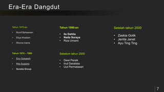 Era-Era Dangdut
Tahun 1990-an
• Iis Dahlia
• Nada Soraya
• Riza Umami
Sebelum tahun 2000
• Dewi Persik
• Inul Daratista
• Uut Permatasari
Setelah tahun 2000
• Zaskia Gotik
• Jenita Janet
• Ayu Ting Ting
 