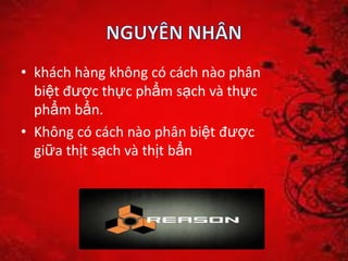 • khách hàng không có cách nào phân
biệt được thực phẩm sạch và thực
phẩm bẩn.
• Không có cách nào phân biệt được
giữa thịt sạch và thịt bẩn
 