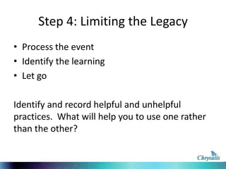 Step 4: Limiting the Legacy
• Process the event
• Identify the learning
• Let go
Identify and record helpful and unhelpful
practices. What will help you to use one rather
than the other?

 