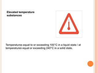Temperatures equal to or exceeding 100°C in a liquid state / at
temperatures equal or exceeding 240°C in a solid state.
Elevated temperature
substances
 