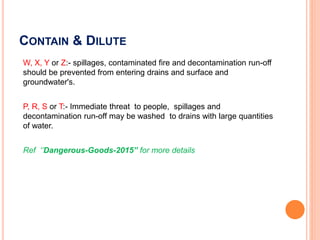 CONTAIN & DILUTE
W, X, Y or Z:- spillages, contaminated fire and decontamination run-off
should be prevented from entering drains and surface and
groundwater's.
P, R, S or T:- Immediate threat to people, spillages and
decontamination run-off may be washed to drains with large quantities
of water.
Ref ‘’Dangerous-Goods-2015’’ for more details
 