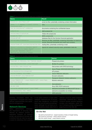 Table 7. Searching for personal data and confidential documents
Query

Result

filetype:xls inurl:"email.xls"

email.xls files, potentially containing contact information

"phone * * *" "address *" "e-mail" intitle:

CVs

"curriculum vitae"
"not for distribution" confidential

documents containing the confidential clause

buddylist.blt

AIM contacts list

intitle:index.of mystuff.xml

Trillian IM contacts list

filetype:ctt "msn"

MSN contacts list

filetype:QDF QDF

database files for the Quicken financial application

intitle:index.of finances.xls

finances.xls files, potentially containing information on bank accounts, financial summaries and credit card numbers

intitle:"Index Of" -inurl:maillog maillog size

maillog files, potentially containing e-mail

"Network Vulnerability Assessment Report"

reports for network security scans, penetration tests etc.

"Host Vulnerability Summary Report"
filetype:pdf "Assessment Report"
"This file was generated by Nessus"

Table 8. Queries for locating network devices
Query

Device

"Copyright (c) Tektronix, Inc." "printer status"

PhaserLink printers

inurl:"printer/main.html" intext:"settings"

Brother HL printers

intitle:"Dell Laser Printer" ews

Dell printers with EWS technology

intext:centreware inurl:status

Xerox Phaser 4500/6250/8200/8400 printers

inurl:hp/device/this.LCDispatcher

HP printers

intitle:liveapplet inurl:LvAppl

Canon Webview webcams

intitle:"EvoCam" inurl:"webcam.html"

Evocam webcams

inurl:"ViewerFrame?Mode="

Panasonic Network Camera webcams

(intext:"MOBOTIX M1" | intext:"MOBOTIX M10") intext:"Open

Mobotix webcams

Menu" Shift-Reload

Sony SNC-RZ30 webcams

intitle:"my webcamXP server!" inurl:":8080"

webcams accessible via WebcamXP Server

allintitle:Brains, Corp. camera

webcams accessible via mmEye

intitle:"active webcam page"

12

Axis webcams

SNC-RZ30 HOME

Basics

inurl:indexFrame.shtml Axis

USB webcams

handling documents within the
organisation, complete with clearly
defined responsibilities and penalties for infringements.

Network Devices

Many
administrator
downplay
the importance of securing such
devices as network printers or
webcams. However, an insecure
printer can provide an intruder with
a foothold that can later be used as
a basis for attacking other systems

in the same network or even other
networks. Webcams are, of course,
much less dangerous, so hacking
them can only be seen as entertainment, although it's not hard to imagine situations where data from a

webcam could be useful (industrial
espionage, robberies etc.). Table 8
contains sample queries revealing
printers and webcams, while Figure 12 shows a printer configuration
page found on the Web. n

On the Net
•
•
•

http://johnny.ihackstuff.com – largest repository of data on Google hacking,
http://insecure.org/nmap/ – Nmap network scanner,
http://thc.org/thc-amap/ – amap network scanner.

www.hakin9.org

hakin9 4/2005

 