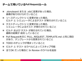 Copyright © DeNA Co.,Ltd. All Rights Reserved.
チームで用いているPull Requestルール
21
 .storyboard または .xibに変更があった場合、
画像が貼り付けられていること
 ソースディレクトリ に変更があった場合、
ビルド と シミュレータによるテスト が実行されていること
 テストディレクトリ に変更があった場合、
シミュレータによるテスト が実行されていること
 ビルド および テスト が実行されていた場合、
最新の結果が 成功 していること
 Pull Request本文に PULL_REQUEST_TEMPLATE.md と同じ項目
があり、テンプレートから変更されていること
 TODO のチェックが埋まっていること
 ビルド と テスト はラベルによってスキップ可能
 全てOK だった場合に In Review のラベルを追加
 