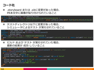 Copyright © DeNA Co.,Ltd. All Rights Reserved.
コード化
 .storyboard または .xibに変更があった場合、
PR本文中に画像が貼り付けられていること
 テストディレクトリ以下に変更があった場合、
シミュレータによるテスト が実行されていること
 ビルド および テスト が実行されていた場合、
最新の結果が 成功 していること
 