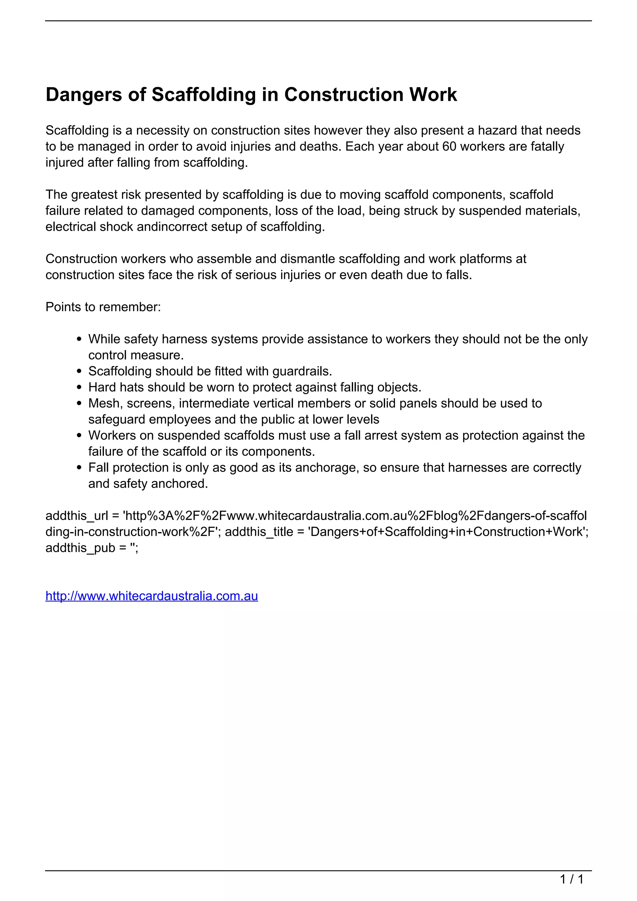 Dangers of Scaffolding in Construction Work PDF