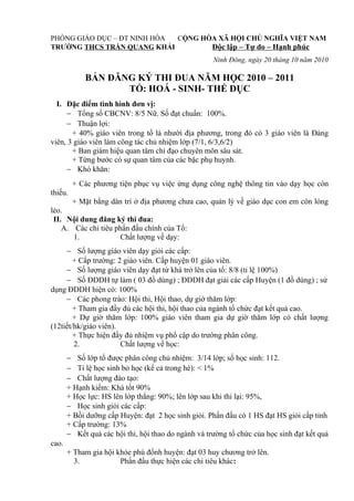 PHÒNG GIÁO DỤC – ĐT NINH HÒA CỘNG HÒA XÃ HỘI CHỦ NGHĨA VIỆT NAM
TRƯỜNG THCS TRẦN QUANG KHẢI Độc lập – Tự do – Hạnh phúc
Ninh Đông, ngày 20 tháng 10 năm 2010
BẢN ĐĂNG KÝ THI ĐUA NĂM HỌC 2010 – 2011
TỔ: HOÁ - SINH- THỂ DỤC
I. Đặc điểm tình hình đơn vị:
− Tổng số CBCNV: 8/5 Nữ. Số đạt chuẩn: 100%.
− Thuận lợi:
+ 40% giáo viên trong tổ là nhười địa phương, trong đó có 3 giáo viên là Đảng
viên, 3 giáo viên làm công tác chủ nhiệm lớp (7/1, 6/3,6/2)
+ Ban giám hiệu quan tâm chỉ đạo chuyên môn sâu sát.
+ Từng bước có sự quan tâm của các bậc phụ huynh.
− Khó khăn:
+ Các phương tiện phục vụ việc ứng dụng công nghệ thông tin vào dạy học còn
thiếu.
+ Mặt bằng dân trí ở địa phương chưa cao, quản lý về giáo dục con em còn lỏng
lẻo.
II. Nội dung đăng ký thi đua:
A. Các chỉ tiêu phấn đấu chính của Tổ:
1. Chất lượng về dạy:
− Số lượng giáo viên dạy giỏi các cấp:
+ Cấp trường: 2 giáo viên. Cấp huyện 01 giáo viên.
− Số lượng giáo viên dạy đạt từ khá trở lên của tổ: 8/8 (tỉ lệ 100%)
− Số ĐDDH tự làm ( 03 đồ dùng) ; ĐDDH đạt giải các cấp Huyện (1 đồ dùng) ; sử
dụng ĐDDH hiện có: 100%
− Các phong trào: Hội thi, Hội thao, dự giờ thăm lớp:
+ Tham gia đầy đủ các hội thi, hội thao của ngành tổ chức đạt kết quả cao.
+ Dự giờ thăm lớp: 100% giáo viên tham gia dự giờ thăm lớp có chất lượng
(12tiết/hk/giáo viên).
+ Thực hiện đầy đủ nhiệm vụ phổ cập do trường phân công.
2. Chất lượng về học:
− Số lớp tổ được phân công chủ nhiệm: 3/14 lớp; số học sinh: 112.
− Tỉ lệ học sinh bỏ học (kể cả trong hè): < 1%
− Chất lượng đào tạo:
+ Hạnh kiểm: Khá tốt 90%
+ Học lực: HS lên lớp thẳng: 90%; lên lớp sau khi thi lại: 95%,
− Học sinh giỏi các cấp:
+ Bồi dưỡng cấp Huyện: đạt 2 học sinh giỏi. Phấn đấu có 1 HS đạt HS giỏi cấp tỉnh
+ Cấp trường: 13%
− Kết quả các hội thi, hội thao do ngành và trường tổ chức của học sinh đạt kết quả
cao.
+ Tham gia hội khỏe phù đổnh huyện: đạt 03 huy chương trở lên.
3. Phấn đấu thực hiện các chỉ tiêu khác:
 