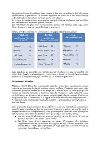 Facebook ou Twitter. En adhérant à ces réseaux, le fan, tout en accédant à de l’information
professionnelle et personnelle, a l’illusion d’appartenir au monde de la star, surtout lorsque
celle-ci répond directement aux messages qui lui sont adressés.
En ce sens, les médias sociaux apportent une interactivité et une implication que les médias
plus traditionnels ne permettent que très rarement.
Les personnalités les plus suivis sur les réseaux sociaux sont Rihanna, Lady Gaga, Justin
Bieber, Eminem et Shakira, comme l’indique le schéma n°4.

Schéma n°4 : Les personnalités les plus suivis sur les principaux réseaux sociaux
        Facebook                        Twitter                            Total
  en millions de "like" au            en millions de              (facebook+twitter)
         01/09/12                "followers" au 01/09/12

 •Eminem :          60          •Lady Gaga:       28           •Rihanna:           85

 •Rihanna:          60          •Justin Bieber:   27           •Lady Gaga:         82

 •Lady Gaga:        53          •Kate Perry:      25           •Justin Bieber:     73

 •Michael Jackson: 51           •Rihanna:         25           •Eminem:            73

 •Cristiano Ronaldo: 46         •Britney Spears: 19            •Shakira:           72



Cette popularité est assimilée à un véritable pouvoir d’influence qu’une personnalité peut
utiliser à des fins diverses et notamment commerciales en faisant par exemple la promotion de
produits ou de marques sur sa page Facebook ou via un tweet « sponsorisé ».

Communautés virtuelles

Rheingold (1993) définit les communautés virtuelles comme des regroupements sociaux
culturels qui émergent du réseau lorsqu’un nombre suffisant d’individus participent à des
discussions publiques pendant assez de temps en y mettant assez de cœur pour que des
réseaux de relations humaines se tissent au sein du cyberespace. Cette définition insiste
particulièrement sur le nombre de personnes qui participent à la communauté, l’interaction
des personnes dans la communauté et le rapport affectif des personnes avec la communauté.
A l’intérieur d’une communauté virtuelle, les membres se distinguent par leur implication et
leur contribution.

Dans le contexte de consommation de la célébrité, il existe une multitude de communautés
virtuelles dans lesquelles les fans se regroupent, échangent et créent, souvent de manière
indépendante vis-à-vis de la personnalité. Nous pouvons parler en ce sens d’une prolongation
de l’expérience vécue à travers différents outils qui n’ont pas tous la même portée.
    • Les sites non-officiels autour de stars ont proliféré. A titre d’exemple, il existerait
        plusieurs milliers de sites dédiés à Elvis Presley.
    • Les blogs, quant à eux, permettent un espace d’expression libre autorisant
        l’approfondissement de thématiques développées par une célébrité ou reliées à son
        univers. On ne compte plus aujourd’hui les blogs consacrés à Michael Jackson ou
        connectés à George Lucas via Star Wars.
 