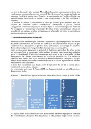 son activité de manière plus générale. Mais réduire la relation consommateur/célébrité à un
simple prisme commercial comme on pourrait le faire à propos d’une marque de lessive est
réducteur. Au-delà du simple aspect financier, la consommation de l’ « objet-célébrité » est
particulièrement émotionnelle et renvoie à des comportements à la fois individuels et
collectifs.
De surcroit, le vocable « consommateur », bien que valable, pose problème. Les stars
suscitent des sentiments comme l’identification, l’attachement, la passion, l’amour,
l’engagement, l’imitation auxquels peu d’autres objets de consommation peuvent prétendre.
Par conséquent le consommateur se considère davantage comme un amateur, un admirateur,
un adhérent, un partisan, un ultra, un fanatique, un aficionado, un tifosi, un supporter, un
hooligan, un otaku, ou un geek.

L’étude des comportements individuels

Alors que tous les brand managers cherchent à augmenter le capital sympathie de leur produit
de grande consommation en utilisant des techniques de communication de plus en plus
« expérientielles » (placement de produit, buzz, endossement, sponsoring), les célébrités
disposent intrinsèquement d’un potentiel émotionnel, voire passionnel, élevé.
Cette émotion dénote également un potentiel de fidélisation particulier. En effet, un fan,
souvent « captif » de sa passion, aura moins tendance à « zapper » par rapport à un produit ou
un service traditionnel. L’idée d’une émotion partagée entre la star et son public est donc
fondamentale. Ce contexte quasi-fusionnel se retrouve en particulier lors d’un événement
sportif ou d’un concert dans lequel un artiste se donnerait totalement à son public. Le sport
renvoie à des notions particulières comme la victoire ou la défaite engendrant des réactions
émotionnelles parfois extrêmes.
Il existe bien évidemment des degrés divers d’implication du fan de la simple affinité
émotionnelle au mimétisme intégral.
En psychologie, les travaux de Tudor (1974) ont largement insisté sur les différents types
d’attachement du fan.

Schéma n°1 : Les différents types d’attachement du fan à la célébrité (adapté de Tudor, 1974)
                        Identification




                                                    Imitation




                                                                          Projection
  Affinité




                                                           L'individu             L'individu
                                                           s'inspire de           conçoit son
        L'individu                 L'individu              la célébrité           existence en
        soutient la                s'imagine à             qui                    fonction de
        célébrité                  la place de la          représente             la célébrité
        qu'il admire               célébrité               un modèle

Il s’agit de mettre en évidence des niveaux d’attachement différents et progressifs traduisant
des comportements hétéroclites. Rien de commun, en effet, entre un simple soutien concrétisé
 