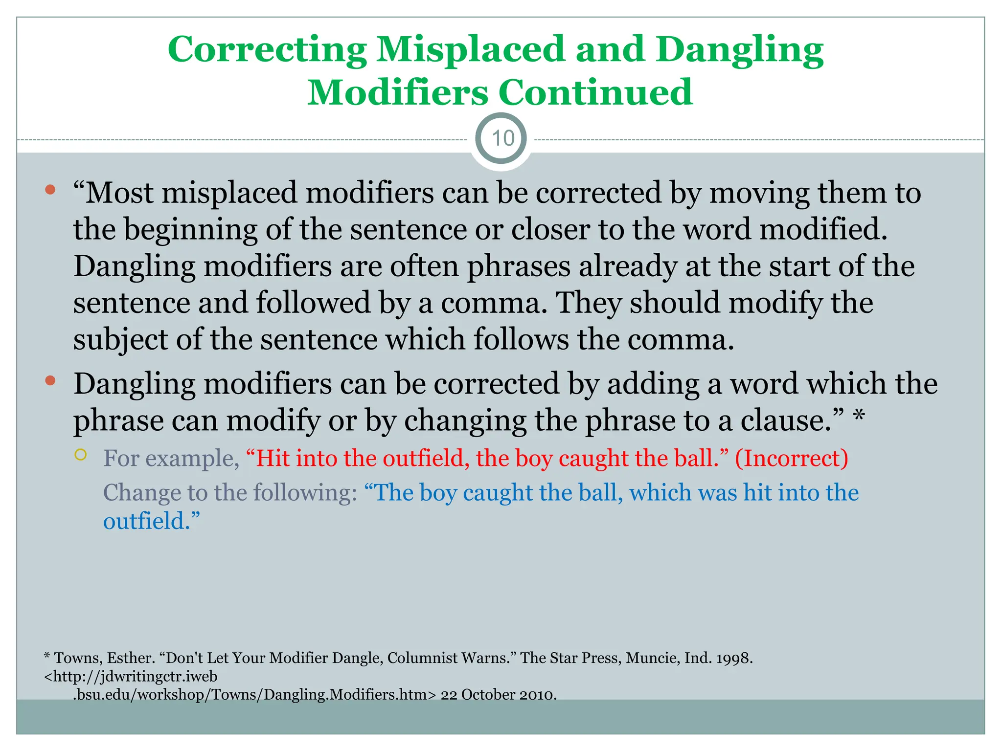 Correcting Misplaced and Dangling
Modifiers Continued
10
 “Most misplaced modifiers can be corrected by moving them to
the beginning of the sentence or closer to the word modified.
Dangling modifiers are often phrases already at the start of the
sentence and followed by a comma. They should modify the
subject of the sentence which follows the comma.
 Dangling modifiers can be corrected by adding a word which the
phrase can modify or by changing the phrase to a clause.” *
 For example, “Hit into the outfield, the boy caught the ball.” (Incorrect)
Change to the following: “The boy caught the ball, which was hit into the
outfield.”
* Towns, Esther. “Don't Let Your Modifier Dangle, Columnist Warns.” The Star Press, Muncie, Ind. 1998.
<http://jdwritingctr.iweb
.bsu.edu/workshop/Towns/Dangling.Modifiers.htm> 22 October 2010.
 