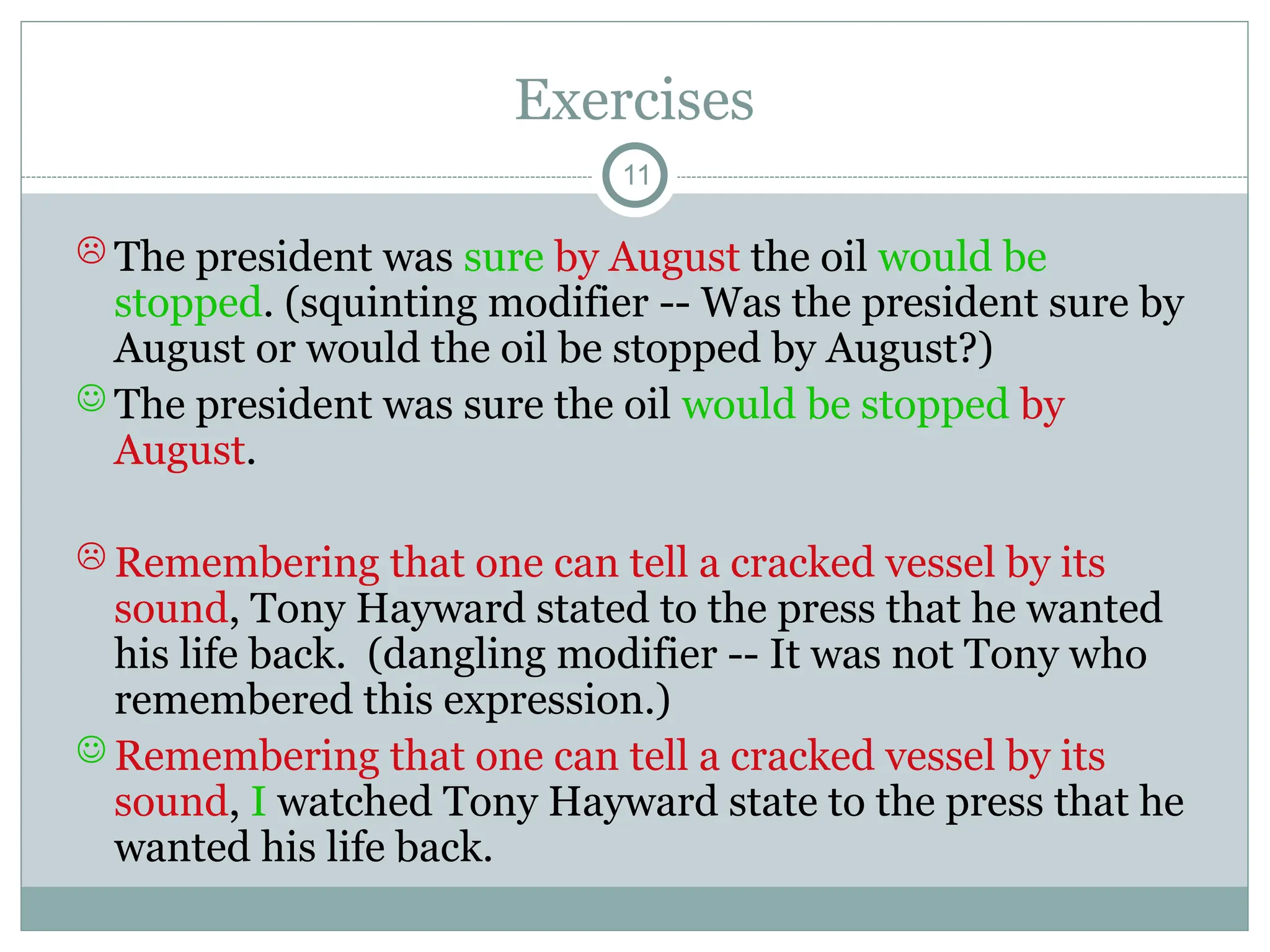 Exercises
11
 The president was sure by August the oil would be
stopped. (squinting modifier -- Was the president sure by
August or would the oil be stopped by August?)
 The president was sure the oil would be stopped by
August.
 Remembering that one can tell a cracked vessel by its
sound, Tony Hayward stated to the press that he wanted
his life back. (dangling modifier -- It was not Tony who
remembered this expression.)
 Remembering that one can tell a cracked vessel by its
sound, I watched Tony Hayward state to the press that he
wanted his life back.
 