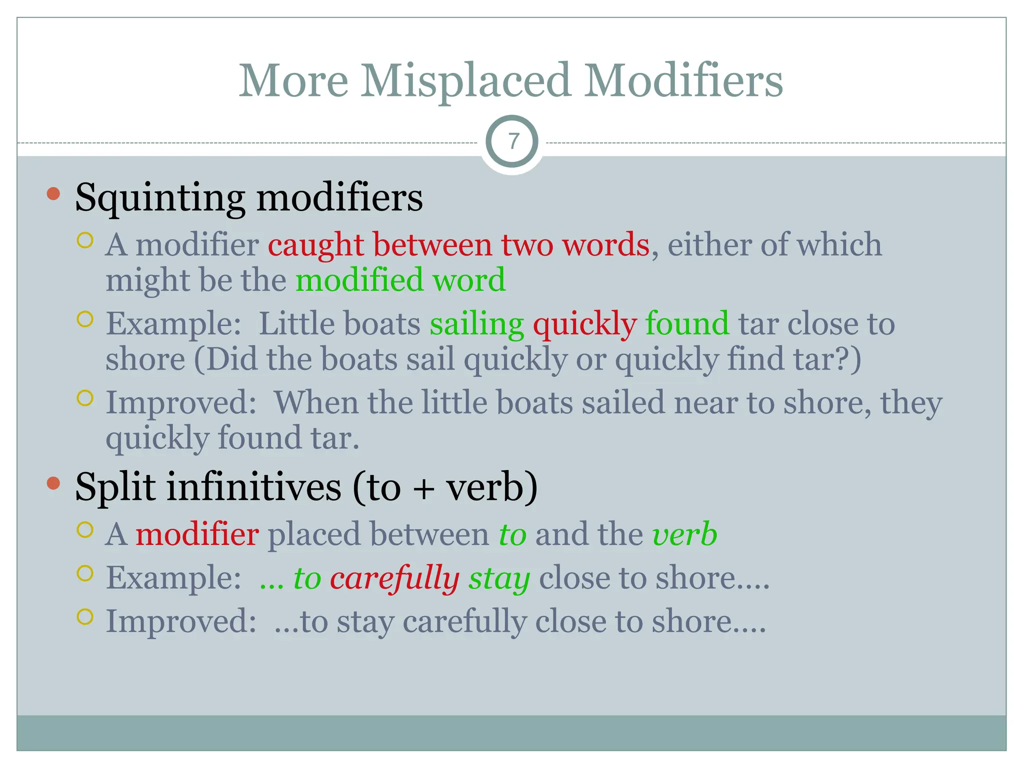 More Misplaced Modifiers
7
 Squinting modifiers
 A modifier caught between two words, either of which
might be the modified word
 Example: Little boats sailing quickly found tar close to
shore (Did the boats sail quickly or quickly find tar?)
 Improved: When the little boats sailed near to shore, they
quickly found tar.
 Split infinitives (to + verb)
 A modifier placed between to and the verb
 Example: … to carefully stay close to shore….
 Improved: …to stay carefully close to shore….
 