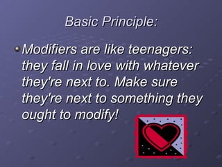Basic Principle: Modifiers are like teenagers: they fall in love with whatever they're next to. Make sure they're next to something they ought to modify!   