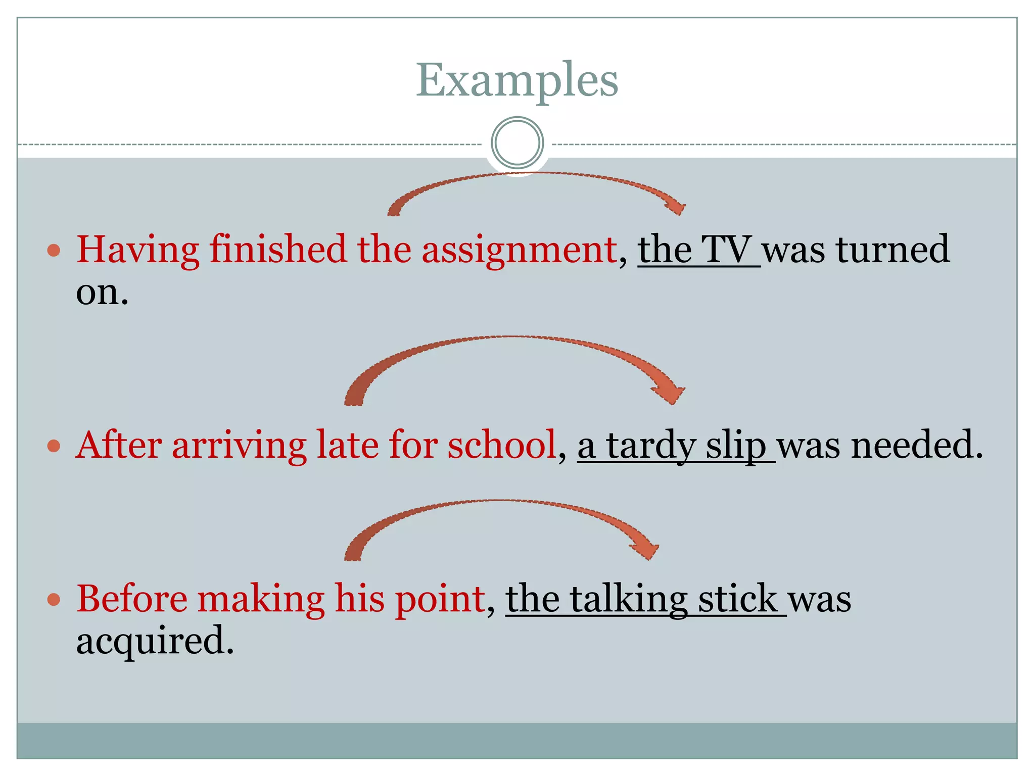 Examples


 Having finished the assignment, the TV was turned
 on.


 After arriving late for school, a tardy slip was needed.



 Before making his point, the talking stick was
 acquired.
 