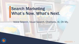 1
Proprietary & Confidential /
© 2018 Be Found Online, LLC.
Search Marketing
What’s Now. What’s Next.
Voice Search. Vsual Search. Chatbots. AI. Oh My.
 