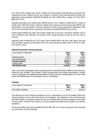 12
As a result of the average lower prices in Nigeria and cost pressures detailed above, particularly the
increased fuel cost in Nigeria and the use of diesel in Tanzania, Group earnings before interest, tax,
depreciation and amortisation (EBITDA) fell slightly by 2.0% to ₦257.2B at a margin of 41.8% (2015:
₦262.4B, 53.4%).
Excluding eliminations and central costs, EBITDA fell by 2.2% in Nigeria, to ₦242.0B at a margin of
56.8% (2015: ₦247.5B, 63.6%). However, despite lower volumes of cement being sold, EBITDA rose
significantly in the final quarter of the year because of higher pricing introduced in September 2016
and a more favourable fuel mix, resulting in the best-ever quarterly EBITDA for the Group.
Fourth-quarter EBITDA per tonne was almost double that of Q3 2016. Pan-African EBITDA rose by
5.5% to ₦26.5B (2015: ₦25.0B), but at lower 13.6% margin because of start-up and fuel costs in
Tanzania.
Operating profit of ₦182.5B was 12.2% lower than the ₦207.8B for last year. With higher fuel costs
and new plants ramping up throughout Africa, the Group operating margin eased to 29.7% in 2016,
from 42.3% in 2015.
Interest and similar income/expense
Year ended 31st
December 2016
₦m
2015
₦m
Interest income 2,662 1,699
Net exchange gain 41,155 12,250
Finance income 43,817 13,949
Finance costs 45,381 33,477
Net finance cost (1,564) (19,528)
Late in June 2016, the Nigerian Naira was devalued from about ₦197/US$ to ₦280 a short time later,
ending the year at ₦304. This resulted in high exchange gains from assets denominated in foreign
currency and losses from liabilities denominated in foreign currencies including gains from inter-Group
assets and liabilities that do not eliminate in full on consolidation.
Taxation
Year ended 31st
December 2016
₦m
2015
₦m
Tax credit / (charge) 5,695 (6,971)
The effective tax rate for Nigerian operations was 2%, representing a mix of non-taxable profits from
cement produced on lines still under Pioneer Tax Exemption, the application of the Commencement
Rule that resulted in increased tax rates for lines out of Pioneer status, and tax exemption on the profits
of export sales. The ₦5.7B tax credit for the Group resulted from deferred tax credits for Pan-African
operations.
The Group’s profit for the year was ₦186.6B (2015: ₦181.3B). As a result, earnings per share increased
by 4.5% to ₦11.34 (2015: ₦10.86).
 