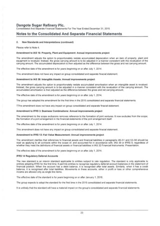 Dangote Sugar Refinery Pic.
Consolidated And Separate Financial Statements For The Year Ended December 31. 2015
Motes to the Consolidated And Separate Financial Statements
2. New Standards and Interpretations (continued)
Please refer to Note 4.
Amendment to IAS 16: Property, Plant and Equipment: Annual improvements project
The amendment adjusts the option to proportionately restate accumulated depreciation when an item of property, plant and
equipment is revalued. Instead, the gross carrying amount is to be adjusted in a manner consistent with the revaluation of the
carrying amount. The accumulated depreciation is then adjusted as the difference between the gross and net carrying amount.
The effective date of the amendment is for years beginning on or after July 1. 2014.
This amendment does not have any impact on group consolidated and separate finacial statement.
Amendment to IAS 38: Intangible Assets: Annual improvements project
The amendment adjusts the option to proportionately restate accumulated amortisation when an intangible asset is revalued.
Instead, the gross carrying amount is to be adjusted in a manner consistent with the revaluation of the carrying amount. The
accumulated amortisation is then adjusted as the difference between the gross and net carrying amount.
The effective date of the amendment is for years beginning on or after July 1, 2014.
The group has adopted the amendment for the first time in the 2015 consolidated and separate financial statements.
TThis amendment does not have any impact on group consolidated and separate finacial statement.
Amendment to IFRS 3: Business Combinations: Annual improvements project
The amendment to the scope exclusions removes reference to the formation of joint ventures. It now excludes from the scope
the formation of a joint arrangement in the financial statements of the joint arrangement itself.
The effective date of the amendment is for years beginning on or after July 1,2014.
This amendment does not have any impact on group consolidated and separate finacial statement.
Amendment to IFRS 13: Fair Value Measurement: Annual improvements project
The amendment clarifies that references to financial assets and financial liabilities in paragraphs 48-51 and 53-56 should be
read as applying to all contracts within the scope of. and accounted for in accordance with, IAS 39 or IFRS 9, regardless of
whether they meet the definitions of financial assets or financial liabilities in IAS 32 Financial Instruments Presentation,
The effective date of the amendment is for years beginning on or after July 1, 2014.
IFRS 14 Regulatory Deferral Accounts
The new standard is an interim standard applicable to entities subject to rate regulation. The standard is only applicable to
entities adopting IFRS for the first time. It permits entities to recognise regulatory deferral account balances in the statement of
financial position. When the account has a debit balance, it is recognised after total assets. Similarly, when it has a credit
balance, it is recognised after total liabilities. Movements in these accounts, either in profit or loss or other comprehensive
income are allowed only as single line items.
The effective date of the standard is for years beginning on or after January 1, 2016.
The group expects to adopt the standard for the first time in the 2016 consolidated and separate financial statements.
It is unlikely that the standard will have a material impact on the group's consolidated and separate financial statements.
23
 