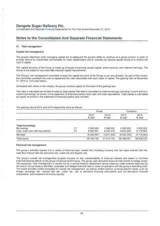 Damgote Sugar Refinery Pic.
Consolidated And Separate Financial Statements For The Year Ended December 31, 2015
Notes to the Consolidated And Separate Financial Statements
31. Risk management
Capital risk management
The group's objectives when managing capital are to safeguard the group's ability to continue as a going concern in order to
provide returns for shareholder and benefits for other stakeholders and to maintain an optimal capital structure to reduce the
cost of capital.
The capital structure of the Group is made up of equity comprising issued capital, share premium and retained earnings. The
Group is not subject to any externally imposed capital requirements..
The Group's risk management committee reviews the capital structure of the Group on an annual basis. As part of this review,
the committee considers the cost of capital and the risks associated with each class of capital. The gearing ratio at December
31, 2015 is -13% (see below).
Consistent with others in the industry, the group monitors capital on the basis of the gearing ratio
This ratio is calculated as net debt divided by total capital. Net debt is calculated as total borrowings (including 'current and non­
current borrowings' as shown in the statement of financial position) less cash and cash equivalents. Total capital is calculated
as 'equity' as shown in the statement of financial position plus net debt.
The gearing ratio at 2015 and 2014 respectively were as follows:
Group Company
2015
N '000
2014
N '000
2015
N '000
2014
N '000
Total borrowings
Borrowings
Less: Cash and cash equivalents
27 2,500,000
8,992,887
2,385,052 2.500,000 2,000,000
6,202,478 8,932,293 6,116,96323
Net debt (6,492,887) (3,817,426) (6.432,293) (4,116,963)
Total equity 58,148,782 51,413,720 66,386,057 58,526,202
Financial risk management
The group's activities expose it to a variety of financial risks market risk (including currency risk, fair value interest rate risk
cash flow interest rate risk and price risk), credit risk and liquidity risk.
The group's overall risk management program focuses on the unpredictability of financial markets and seeks to minimise
potential adverse effects on the group's financial performance. The group uses derivative financial instruments to hedge certain
risk exposures. Risk management is carried out by a central treasury department (group treasury) under policies approved by
the board. Group treasury identifies, evaluates and hedges financial risks in close co-operation with the group's operating units.
The board provides written principles for overall risk management, as well as written policies covering specific areas, such as
foreign exchange risk, interest rate risk, credit risk, use of derivative financial instruments and non-derivative financial
instruments, and investment of excess liquidity.
48
 