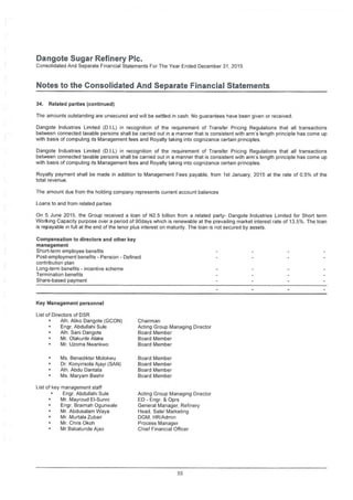 Dangote Sugar Refinery Pic.
Consolidated And Separate Financial Statements For The Year Ended December 31, 2015
Notes to the Consolidated And Separate Financial Statements
34. Related parties (continued)
The amounts outstanding are unsecured and will be settled in cash. No guarantees have been given or received.
Dangote industries Limited (D.I.L) in recognition of the requirement of Transfer Pricing Regulations that all transactions
between connected taxable persons shall be carried out in a manner that is consistent with arm's length principle has come up
with basis of computing its Management fees and Royalty taking into cognizance certain principles.
Dangote Industries Limited (D.I.L) in recognition of the requirement of Transfer Pricing Regulations that all transactions
between connected taxable persons shall be carried out in a manner that is consistent with arm's length principle has come up
with basis of computing its Management fees and Royalty taking into cognizance certain principles.
Royalty payment shall be made in addition to Management Fees payable, from 1st January, 2015 at the rate of 0.5% of the
total revenue.
The amount due from the holding company represents current account balances
Loans to and from related parties
On 5 June 2015, the Group received a loan of N2.5 billion from a related party- Dangote Industries Limited for Short term
Working Capacity purpose over a period of 90days which is renewable at the prevailing market interest rate of 13.5%. The loan
is repayable in full at the end of the tenor plus interest on maturity. The loan is not secured by assets.
Compensation to directors and other key
management
Short-term employee benefits
Post-employment benefits - Pension - Defined
contribution plan
Long-term benefits - incentive scheme
Termination benefits
Share-based payment
Key Management personnel
List of Directors of DSR
0 Alh. Aliko Dangote (GCON)
• Engr. Abdullahi Sule
5 Alh. Sani Dangote
• Mr. Olakunle Alake
0 Mr. Uzoma Nwankwo
Chairman
Acting Group Managing Director
Board Member
Board Member
Board Member
Ms. Benedikter Molokwu
Dr. Konyinsola Ajayi (SAN)
Alh. Abdu Dantata
Ms. Maryam Bashir
Board Member
Board Member
Board Member
Board Member
List of key management staff
• Engr. Abdullahi Sule
• Mr. Mayroud El-Sunni
• Engr. Braimah Ogunwale
0 Mr. Abdusalam Waya
• Mr. Murtala Zubair
• Mr. Chris Okoh
° Mr Babatunde Ajao
Acting Group Managing Director
ED - Engr. & Oprs
General Manager. Refinery
Head, Sale/ Marketing
DGM, HR/Admin
Process Manager
Chief Financial Officer
55
 