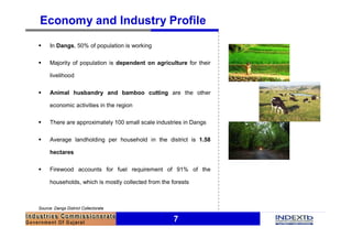 7
Economy and Industry Profile
§ In Dangs, 50% of population is working
§ Majority of population is dependent on agriculture for their
livelihood
§ Animal husbandry and bamboo cutting are the other
economic activities in the region
§ There are approximately 100 small scale industries in Dangs
§ Average landholding per household in the district is 1.58
hectares
§ Firewood accounts for fuel requirement of 91% of the
households, which is mostly collected from the forests
Source: Dangs District Collectorate
 