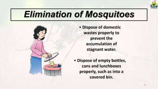 45
• Dispose of domestic
wastes properly to
prevent the
accumulation of
stagnant water.
• Dispose of empty bottles,
cans and lunchboxes
properly, such as into a
covered bin.
Elimination of Mosquitoes
 