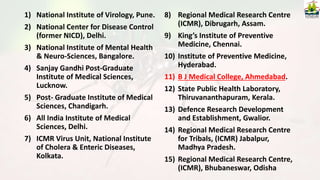1) National Institute of Virology, Pune.
2) National Center for Disease Control
(former NICD), Delhi.
3) National Institute of Mental Health
& Neuro-Sciences, Bangalore.
4) Sanjay Gandhi Post-Graduate
Institute of Medical Sciences,
Lucknow.
5) Post- Graduate Institute of Medical
Sciences, Chandigarh.
6) All India Institute of Medical
Sciences, Delhi.
7) ICMR Virus Unit, National Institute
of Cholera & Enteric Diseases,
Kolkata.
8) Regional Medical Research Centre
(ICMR), Dibrugarh, Assam.
9) King’s Institute of Preventive
Medicine, Chennai.
10) Institute of Preventive Medicine,
Hyderabad.
11) B J Medical College, Ahmedabad.
12) State Public Health Laboratory,
Thiruvananthapuram, Kerala.
13) Defence Research Development
and Establishment, Gwalior.
14) Regional Medical Research Centre
for Tribals, (ICMR) Jabalpur,
Madhya Pradesh.
15) Regional Medical Research Centre,
(ICMR), Bhubaneswar, Odisha
 