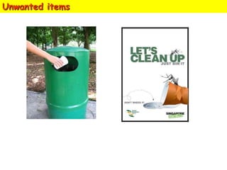 Unwanted items

Do not litter. Rubbish such as cups
and bottles can collect rain water
and breed mosquitoes.

 