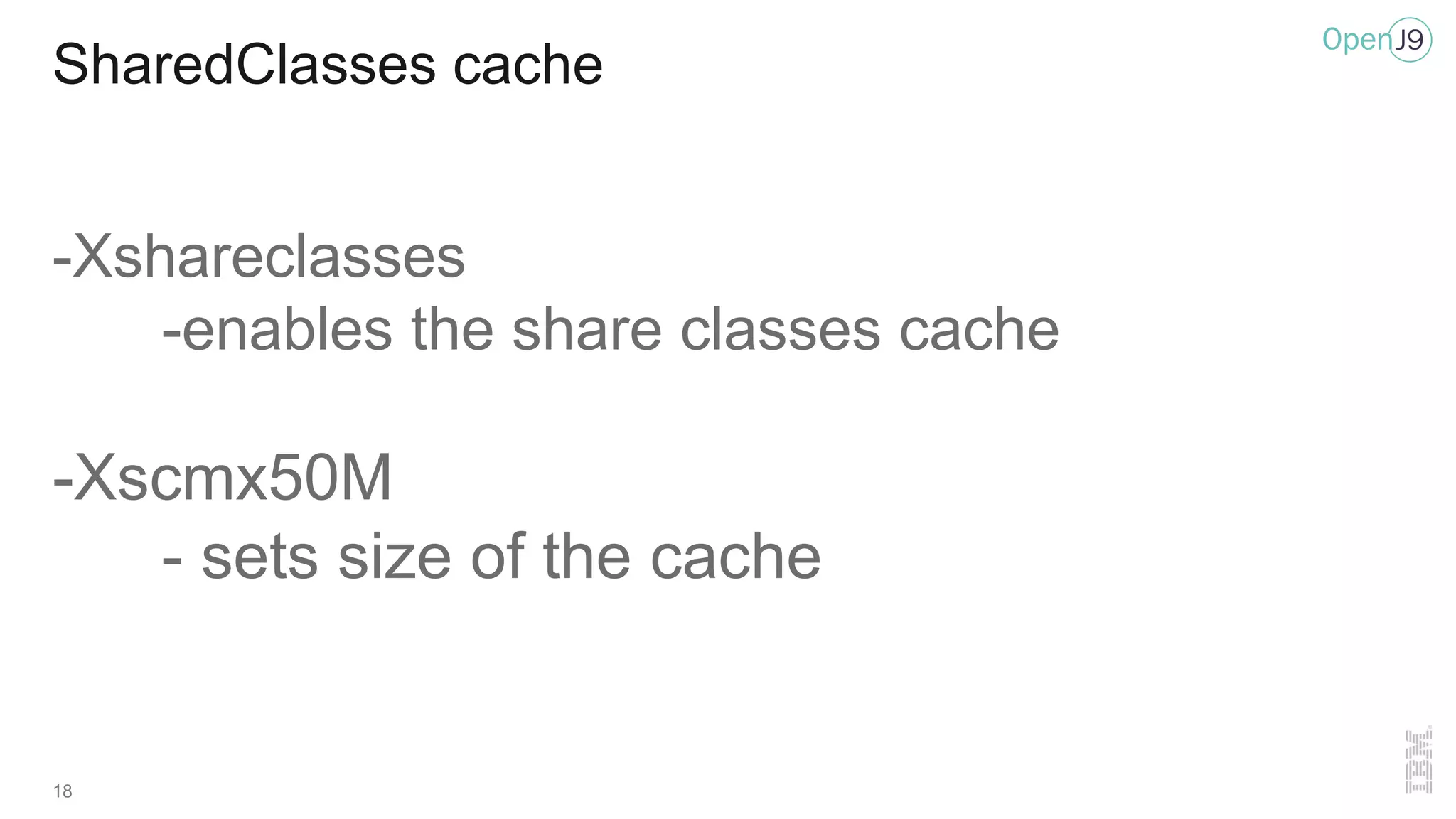 SharedClasses cache
-Xshareclasses
-enables the share classes cache
-Xscmx50M
- sets size of the cache
18
 