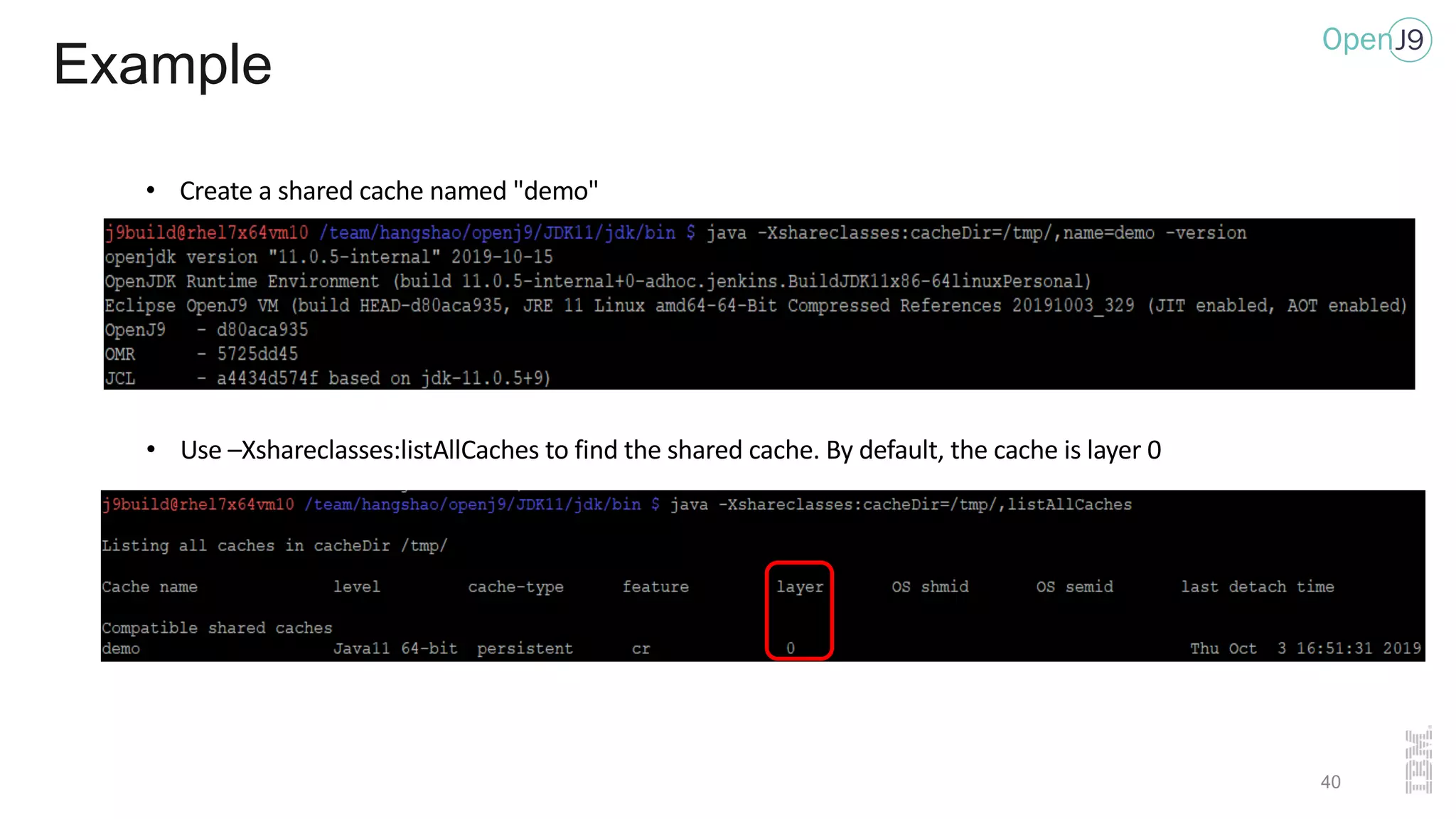 Example
• Create a shared cache named "demo"
• Use –Xshareclasses:listAllCaches to find the shared cache. By default, the cache is layer 0
40
 