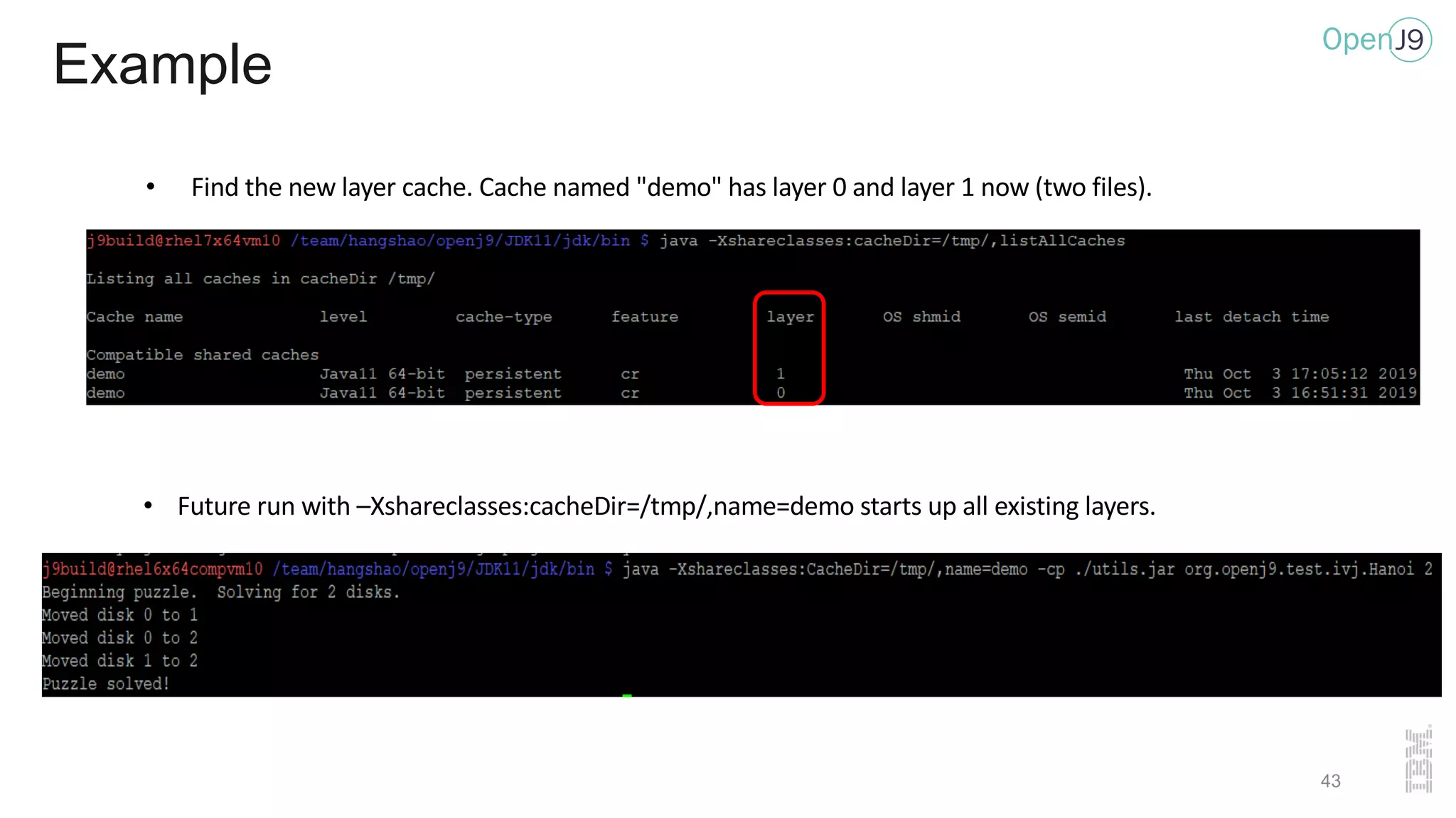Example
• Find the new layer cache. Cache named "demo" has layer 0 and layer 1 now (two files).
• Future run with –Xshareclasses:cacheDir=/tmp/,name=demo starts up all existing layers.
43
 