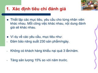 23
1. Xác định tiêu chí đánh giá
 Thiết lập các mục tiêu, yêu cầu cho từng nhân viên
khác nhau. Mỗi công việc khác nhau, nội dung đánh
giá sẽ khác nhau.
 Ví dụ về các yêu cầu, mục tiêu như:
- Đảm bảo năng suất 230 sản phẩm/ngày.
- Không có khách hàng khiếu nại quá 3 lần/năm.
- Tăng sản lượng 15% so với năm trước.
 