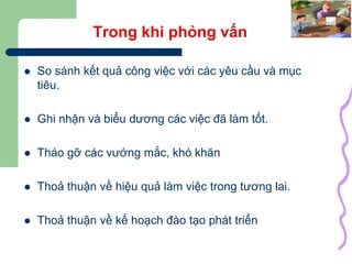 30
Trong khi phỏng vấn
 So sánh kết quả công việc với các yêu cầu và mục
tiêu.
 Ghi nhận và biểu dương các việc đã làm tốt.
 Tháo gỡ các vướng mắc, khó khăn
 Thoả thuận về hiệu quả làm việc trong tương lai.
 Thoả thuận về kế hoạch đào tạo phát triển
 