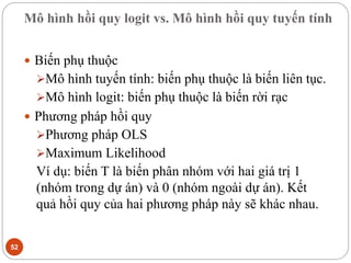Mô hình hồi quy logit vs. Mô hình hồi quy tuyến tính
52
 Biến phụ thuộc
Mô hình tuyến tính: biến phụ thuộc là biến liên tục.
Mô hình logit: biến phụ thuộc là biến rời rạc
 Phương pháp hồi quy
Phương pháp OLS
Maximum Likelihood
Ví dụ: biến T là biến phân nhóm với hai giá trị 1
(nhóm trong dự án) và 0 (nhóm ngoài dự án). Kết
quả hồi quy của hai phương pháp này sẽ khác nhau.
 