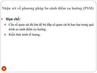 Nhận xét về phương pháp So sánh điểm xu hướng (PSM)
65
 Hạn chế:
 Cần số quan sát đủ lớn để bù đắp số quan sát bị hao hụt trong quá
trình so sánh điểm xu hướng.
 Kiến thức kinh tế lượng.
 